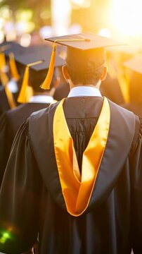 Rear view of graduates wearing black gowns and mortarboards with bright tassels, celebrating success at outdoor commencement ceremony under sunny skies
