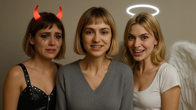 Three women embody different symbolic personas: a crying devil, a neutral individual and a cheerful angel portraying diverse emotions.