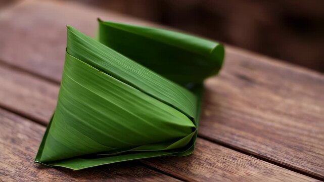 A triangular package wrapped in vibrant green leaves rests on a rustic wooden surface