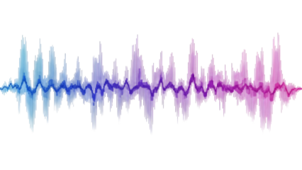 A colorful sound wave visualization displays audio frequencies in blue and purple hues against a.