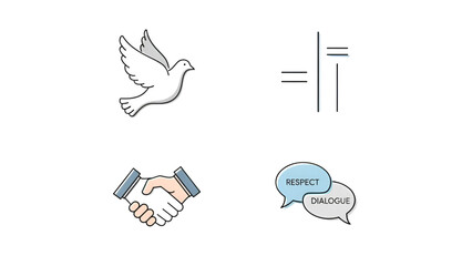 Four icons represent peace, equality, agreement, and communication for social harmony.