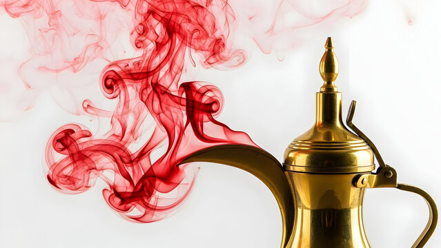 Golden Arabian teapot with red smoke isolated on transparent background