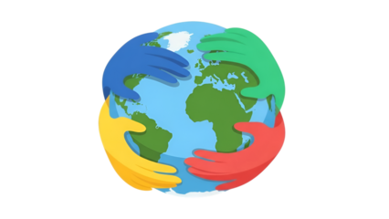 Colorful hands embrace the planet Earth symbolizing global unity and cooperation.