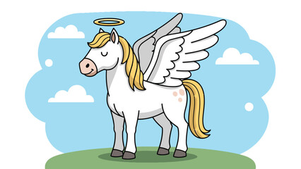 A magnificent cartoon pegasus with a golden mane and tail and a halo stands proudly on a grassy hill under a blue sky. © Gimhana