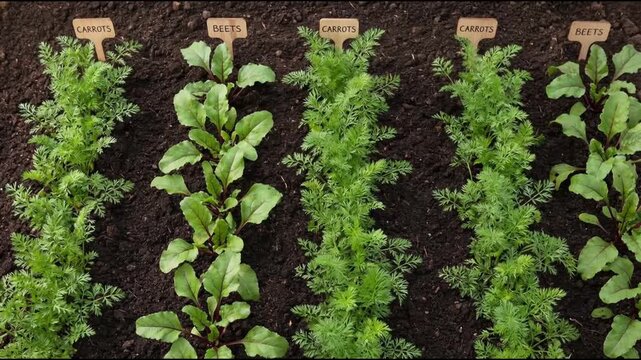 Top View of Organic Vegetable Garden Rows with Carrots and Beets Labels