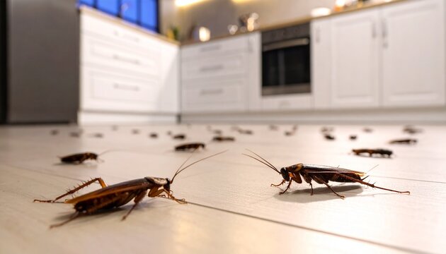 Cockroaches crawl on kitchen floor during evening hours in a modern home with bright lighting