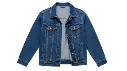 A classic blue denim jacket with a collar and button closure is presented against a.