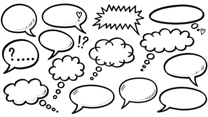 Collection of hand drawn speech and thought bubbles with various punctuation marks.
