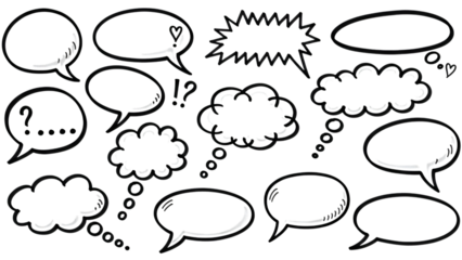Collection of hand drawn speech and thought bubbles with various punctuation marks.