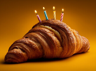 Croissant con le candeline sopra. Buon compleanno. Festa.