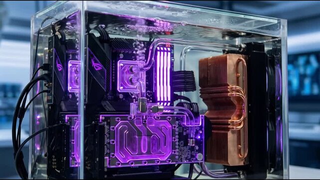 High Tech Custom PC Build with Purple Liquid Cooling and Copper Heatsink