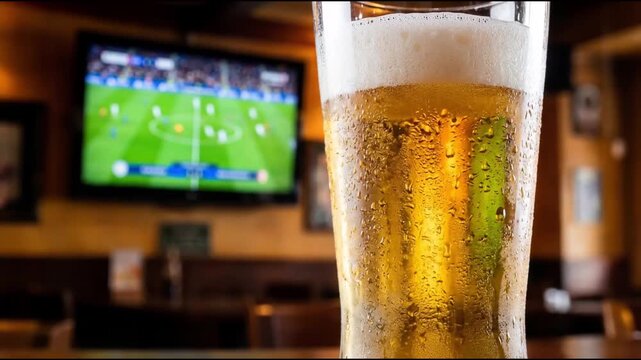 Cold Glass of Beer with Condensation in Sports Bar with Football Match on TV