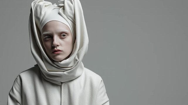A fair-skinned woman with bleached eyebrows in a white hoodie smiles, draped headwear. She's captured in a studio setting with neutral backdrop.