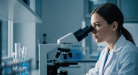 Focused Scientist Examining Sample Through Microscope in Lab