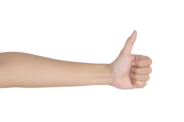 Thumbs up hand gesture isolated on white background showing approval success positive feedback agreement symbol satisfaction concept simple communication and marketing visual.PNG file