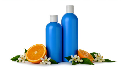 Natural hair product concept. Two sizes of blue plastic bottles with blank labels containing bergamot herbal shampoo, decorated with orange slices, orange leaves, and white flowers
