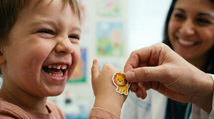 Friendly Pediatrician Giving Lion Sticker to Happy Little Boy after Checkup
