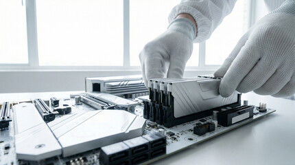 Close Up of Technician Hands in Gloves Installing RAM Module into Motherboard
