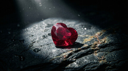 Fototapeta premium Heart Shaped Ruby Gemstone on Dark Wet Stone in Spotlight 