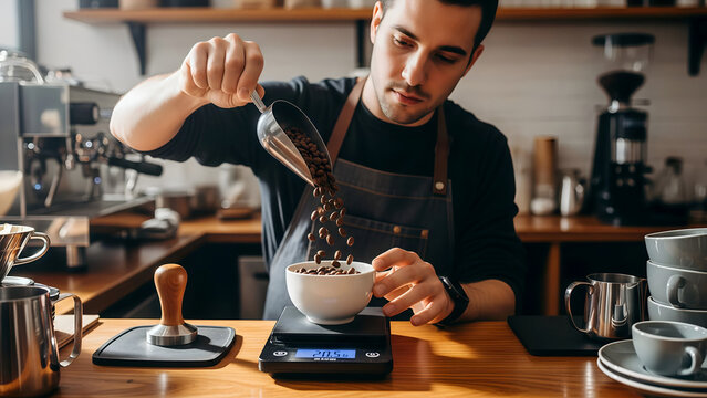 Dedicated barista precisely measures roasted coffee beans on a digital scale preparing for the perfect espresso extraction in a professional cafe setting - Powered by Adobe