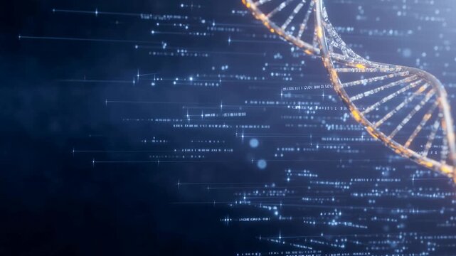 Dna double helix genetic code biotechnology science molecule digital data stream blue background abstract glowing dna helix