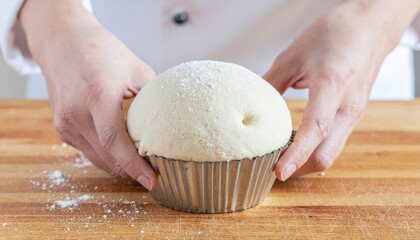 Baker shaping dough in a metal mold on a wooden board, close up, food prep, culinary arts, bakery, kitchen, homemade, hands on, flour, baking