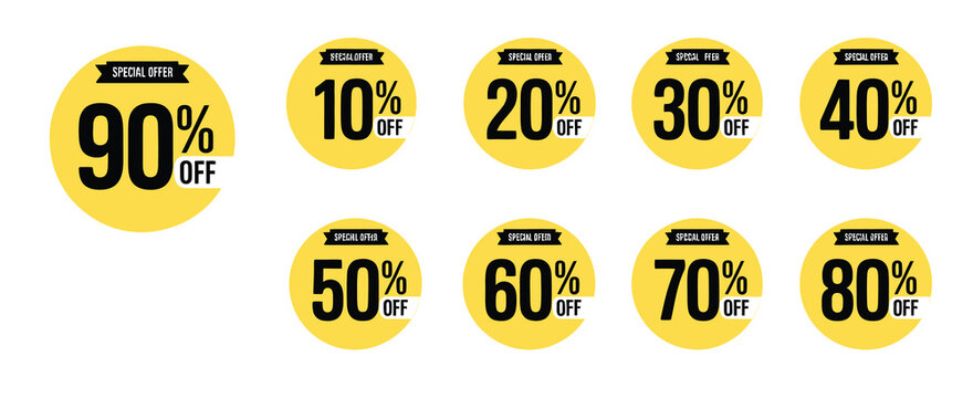 Discount sticker set showing special offer price labels from 10 to 90 percent off, designed in black and yellow tag style, suitable for retail promotions, advertising campaigns, e commerce graphics, 