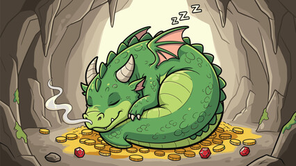 A large, sleepy green cartoon dragon with smoke curling from its nostrils peacefully slumbers on a vast pile of glittering gold coins and precious gems inside a dark cave. © Gimhana