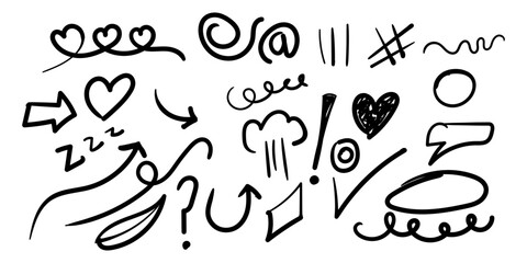 Obraz premium Graphic elements with hand drawn style, love icon symbols, exclamation marks, question marks, arrows, leaves, chat bubbles, circles.