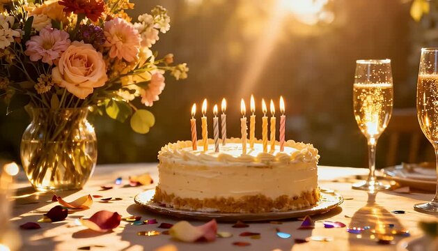 Birthday cake with lit candles and champagne glasses