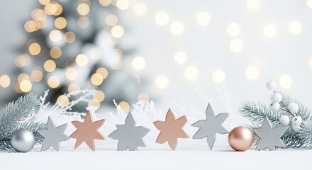 Christmas decorations with stars and a tree in the background.