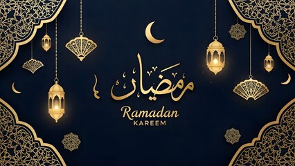 Elegant ramadan kareem greeting card with golden lanterns and arabic calligraphy