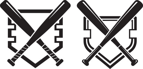 Crossed Baseball Bats and Home Plate Silhouette Icons for Sports Team Logos and Athletics Branding