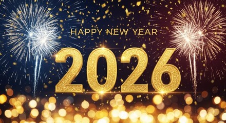 A festive fireworks display against a dark sky with a golden bokeh effect.