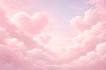Fototapeta premium Dreamy pink sky with heart-shaped cloud and soft pastel light, ideal for romantic greeting cards, Women’s Day, and Valentine templates