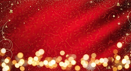 A festive red and gold Christmas background with snowflakes and ornaments.