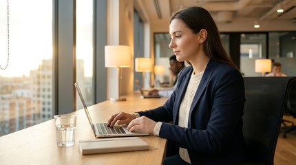 Woman working on laptop at modern office desk near window with city view