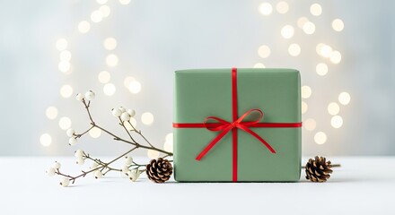 A green gift box with a red ribbon and a white flower on a white table with a blurred background of lights.