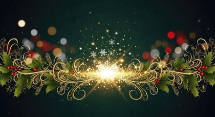 A festive Christmas wreath with holly leaves and berries against a dark green background with bokeh lights.