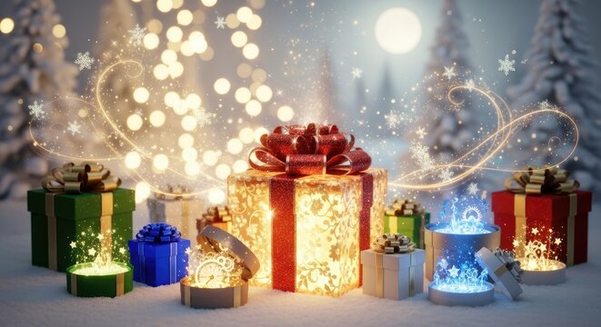 Christmas presents with glowing lights and snowflakes in a snowy forest. - Powered by Adobe