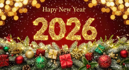 Christmas decorations with a red background and golden numbers 20266