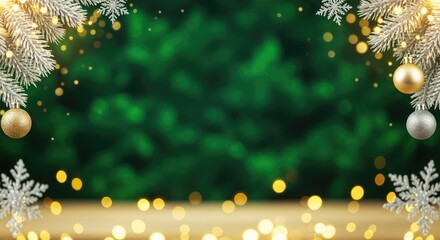 Christmas tree branches with ornaments and lights against a green background.