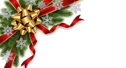 Christmas tree branches with a red ribbon and snowflakes on a white background.