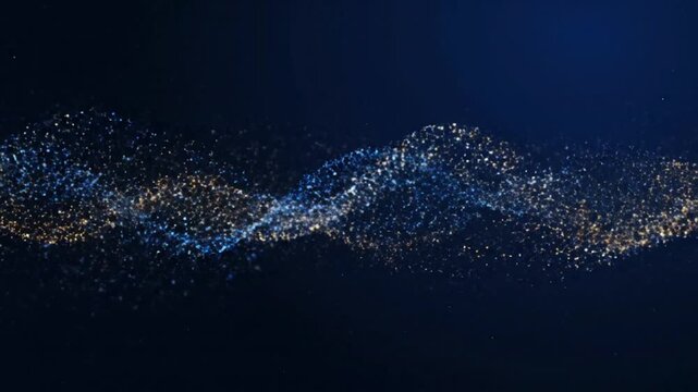 A serene wave of sparkling particles flows across a dark blue background, captured from a top-down viewpoint.