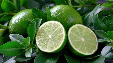 Juicy and fresh green lime whole and cut slices with leaves and twigs. Ripe limes.