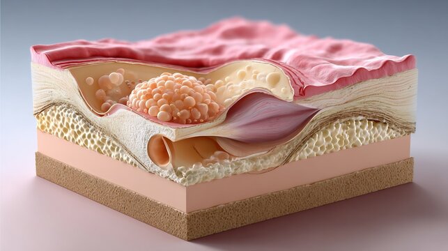 Flat realistic medical illustration of skin tumor under epidermis layers showing epidermis dermis hypodermis smooth tumor mass clean vector shading textbook clarity neutral medical color palette