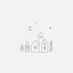Hand drawn village houses with trees, moon and stars in minimalist line style. Black outline illustration isolated on transparent background for prints, cards, posters, packaging and branding.