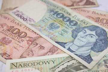 Fototapeta premium Various Polish Zloty Banknotes, Different Denominations of PLN, Polish Currency, Money Background