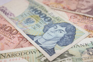 Fototapeta premium Various Polish Zloty Banknotes, Different Denominations of PLN, Polish Currency, Money Background