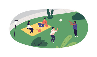 Obraz premium Happy family has a picnic, plays ball on lawn in park in summer. Friends have fun on green grass outdoors. People relax in nature together. Flat isolated vector illustration on white background